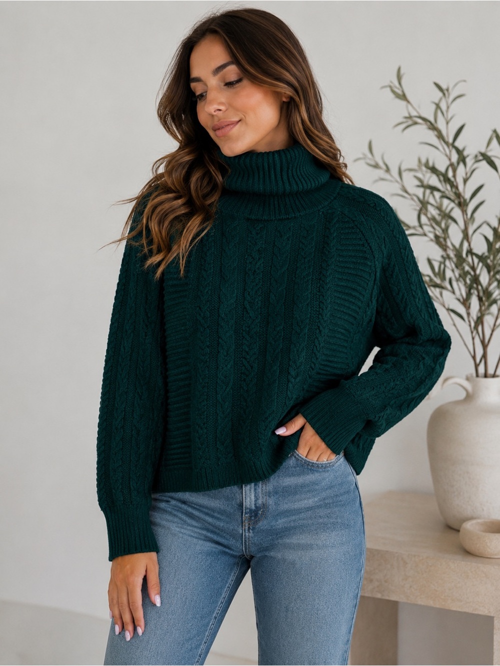 Lulus - Elegant‎ Dark Green Cable Knit Turtleneck Sweater